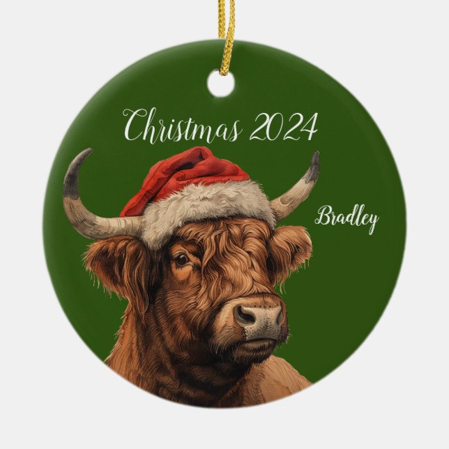 Personalisierte Hochlandkuh mit Santa Cap Keramik Ornament (Vorne)