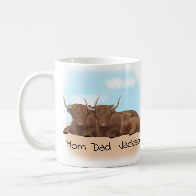 Personalisierte Hochlandkuhfamilie Kaffeetasse (Links)