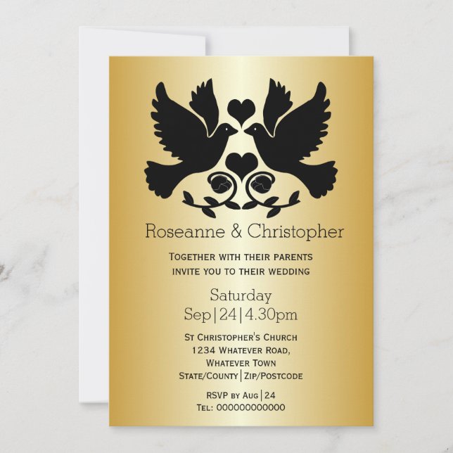 Personalisierte Hochzeit der goldfarbenen Taube Einladung (Vorderseite)