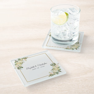 Personalisierte Hochzeit   Elegant White Rose Flor Glasuntersetzer