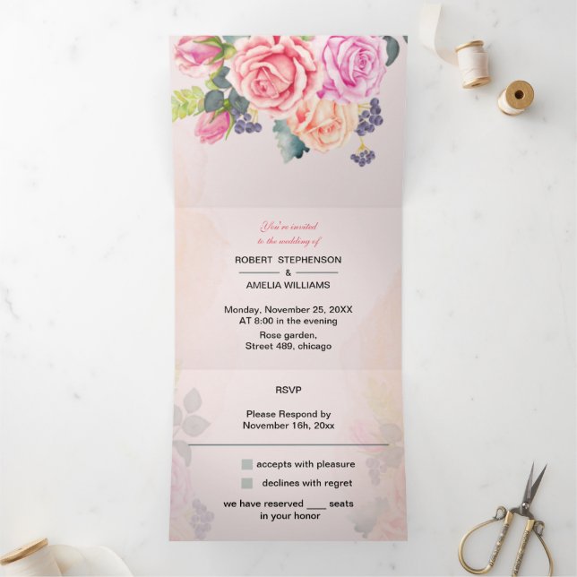 Personalisierte Hochzeit Elegante Rose Blume Dreifach Gefaltete Einladung (Innenseite)