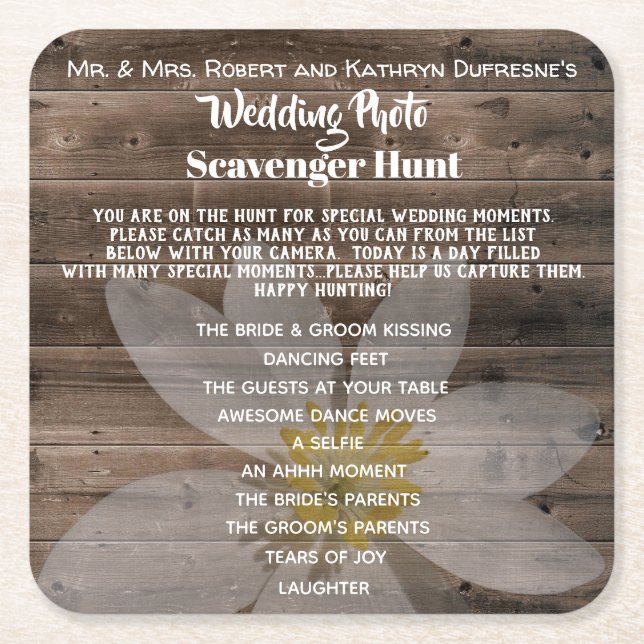Personalisierte Hochzeit Foto Scavenger Hunt Rechteckiger Pappuntersetzer (Vorderseite)