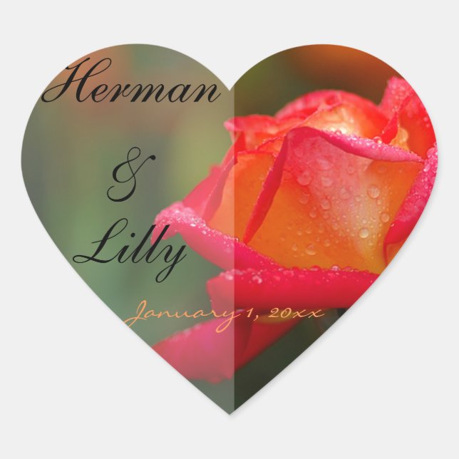 Personalisierte Hochzeit in Rot und Gelb Herz-Aufkleber (Vorderseite)