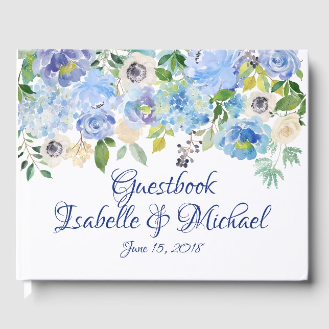 Personalisierte Hochzeit mit blauer Wasserfarbe Gästebuch (Vorderseite)