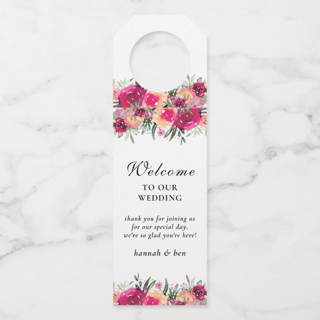 Personalisierte Hochzeit mit Blumenrosa Flaschenanhänger (Vorderseite)