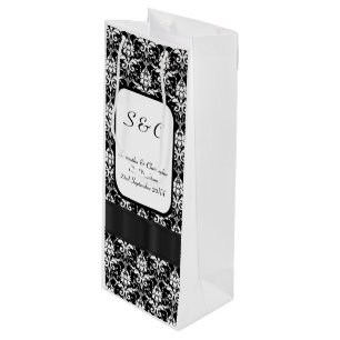 Personalisierte Hochzeit mit schwarz-weißem Damas Geschenktüte Für Weinflaschen