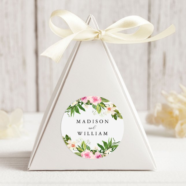 Personalisierte Hochzeit mit weichrosa Blütenfarbe Runder Aufkleber (Von Creator hochgeladen)