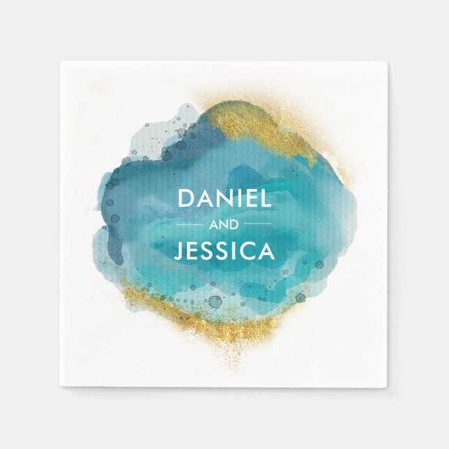 Personalisierte Hochzeit Napkin | Blau und Gold Serviette (Vorderseite)