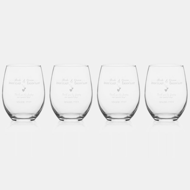 Personalisierte Hochzeit Silberes Herz Elegant Weinglas Ohne Stiel (Hinten)