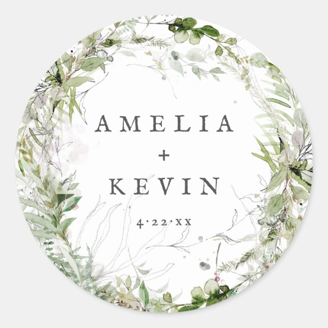 Personalisierte Hochzeit von Earthy Greenery Water Runder Aufkleber (Vorderseite)