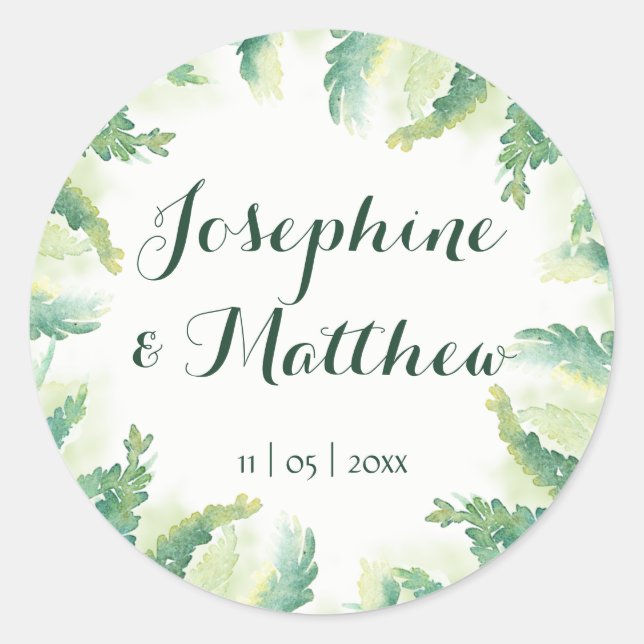 Personalisierte Hochzeit von Green Fern Water Runder Aufkleber (Vorderseite)