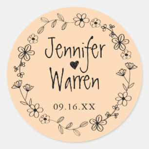 Personalisierte Hochzeit von Hand Drawn Wreath Runder Aufkleber