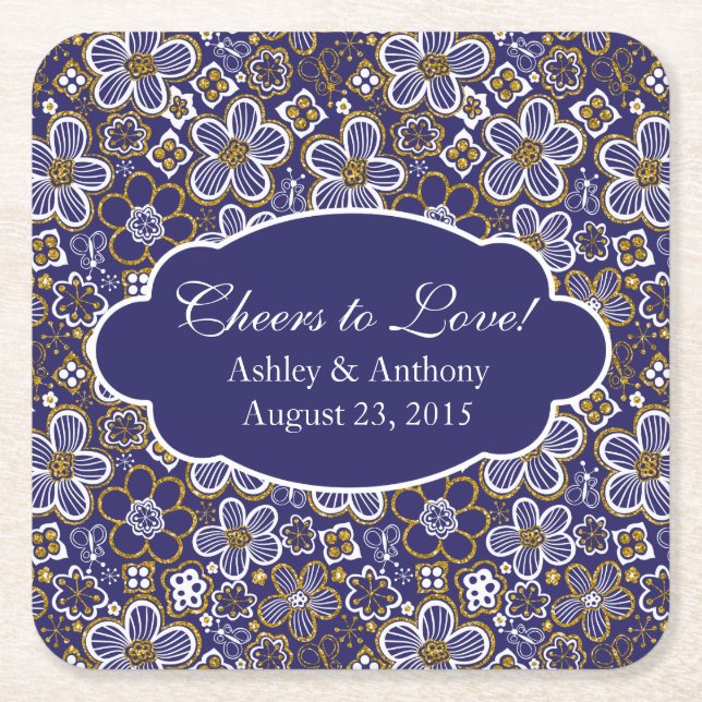 Personalisierte Hochzeit von Navy Blue Gold Rechteckiger Pappuntersetzer (Vorderseite)