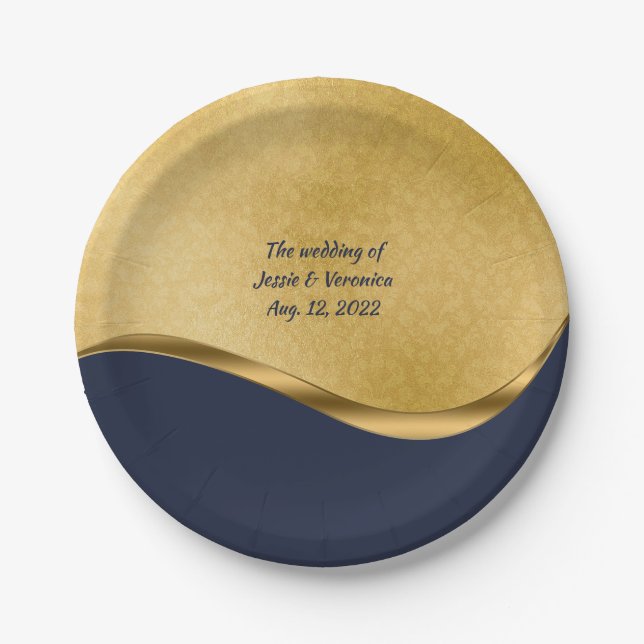 Personalisierte Hochzeit von Navy Blue und Gold Pappteller (Vorderseite)