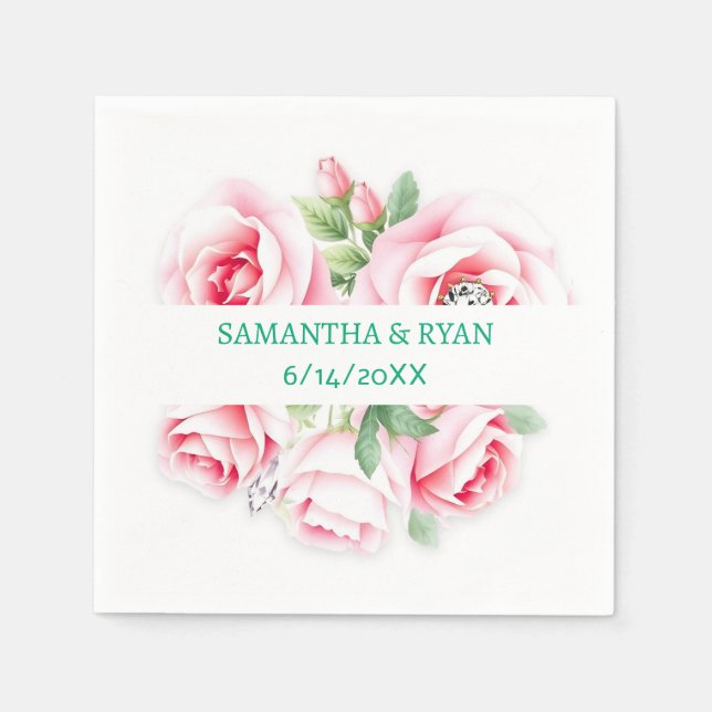 Personalisierte Hochzeit von Rosen und grünen Blat Serviette (Vorderseite)