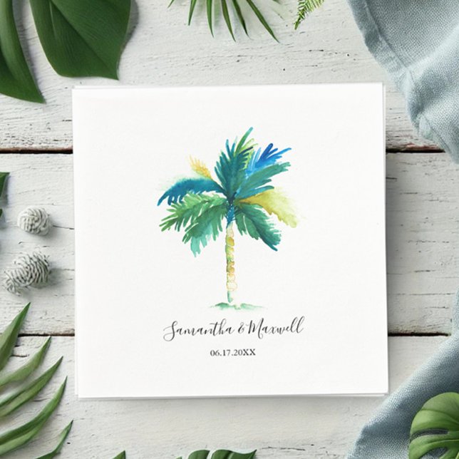 Personalisierte Hochzeit von Tropenpalmen Serviette (Palm tree napkin tropical watercolor art by Victoria Grigaliunas Do Tell A Belle)