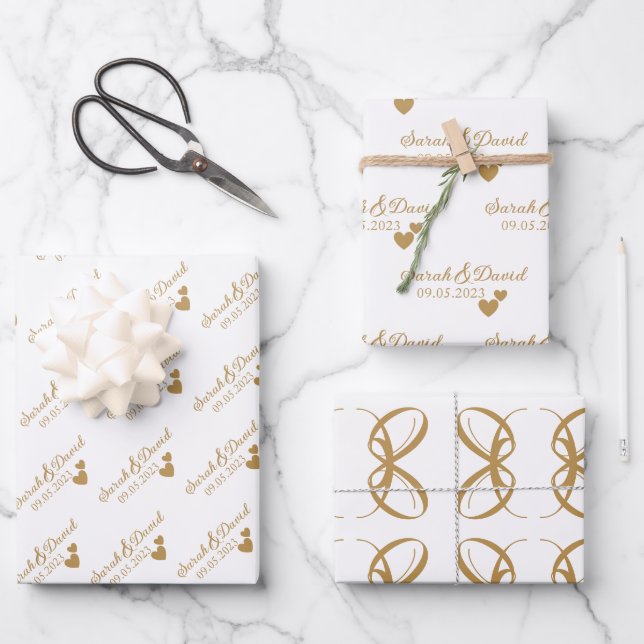 Personalisierte Hochzeitgoldenherzen Geschenkpapier Set (Vorderseite)