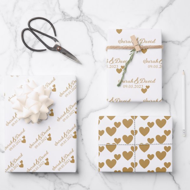 Personalisierte Hochzeitgoldenherzen Geschenkpapier Set (Vorderseite)