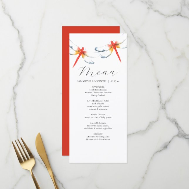 Personalisierte Hochzeitmenükarten Rote Libelle Menükarte (Vorderseite/Rückseite Beispiel)