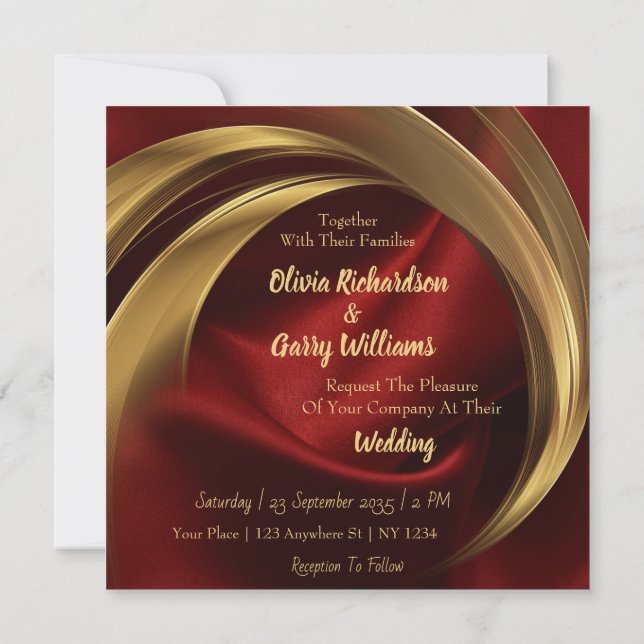 Personalisierte Hochzeitseinladung mit Gold auf Ro Karte (Rückseite)