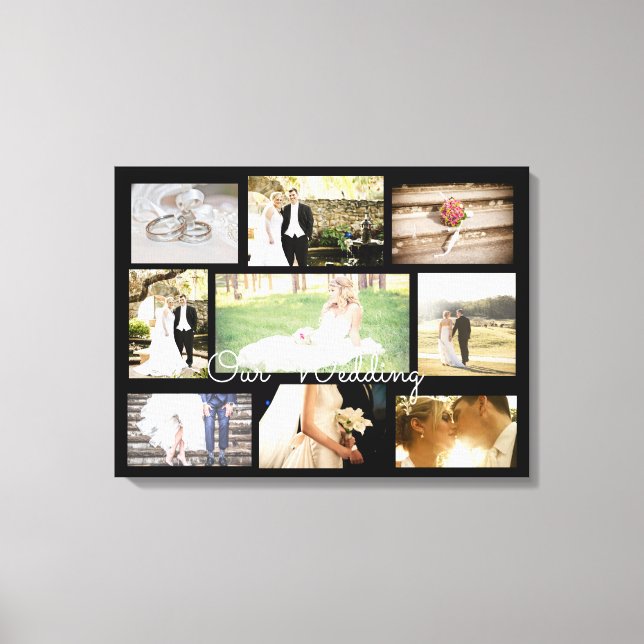 Personalisierte Hochzeitsfotocollage Wand Schwarz Leinwanddruck (Vorderseite)