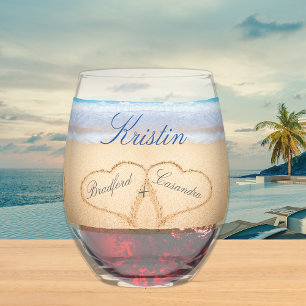 Personalisierte Hochzeitsherzen am Strand in Sand Weinglas Ohne Stiel