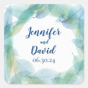 Personalisierte Hochzeitskleber für blaues Leaf Quadratischer Aufkleber