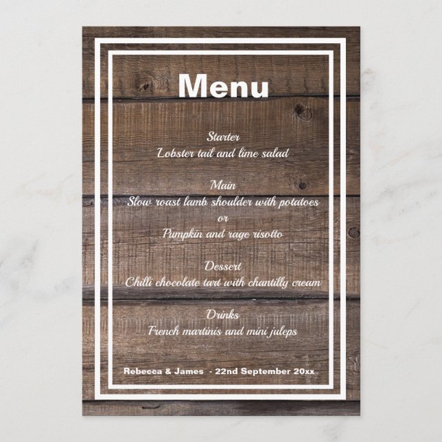 Personalisierte Hochzeitsmenü aus rustikalem Holz Menükarte (Vorderseite)
