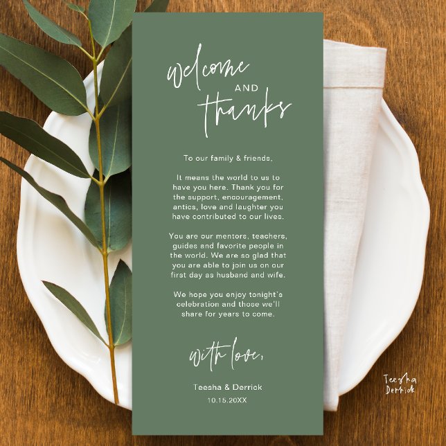 Personalisierte Hochzeitsplatz-Karten Dankeschön-K Programm (Personalised Wedding Dinner Place Setting Thank You Card in sage green)