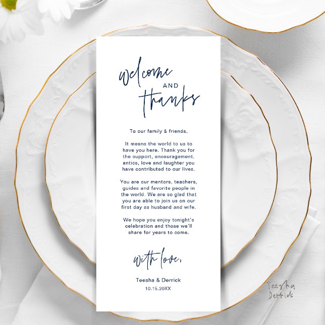 Personalisierte Hochzeitsplatz-Karten Dankeschön-K Programm (Personalised Wedding Dinner Place Setting Thank You Card in navy blue)