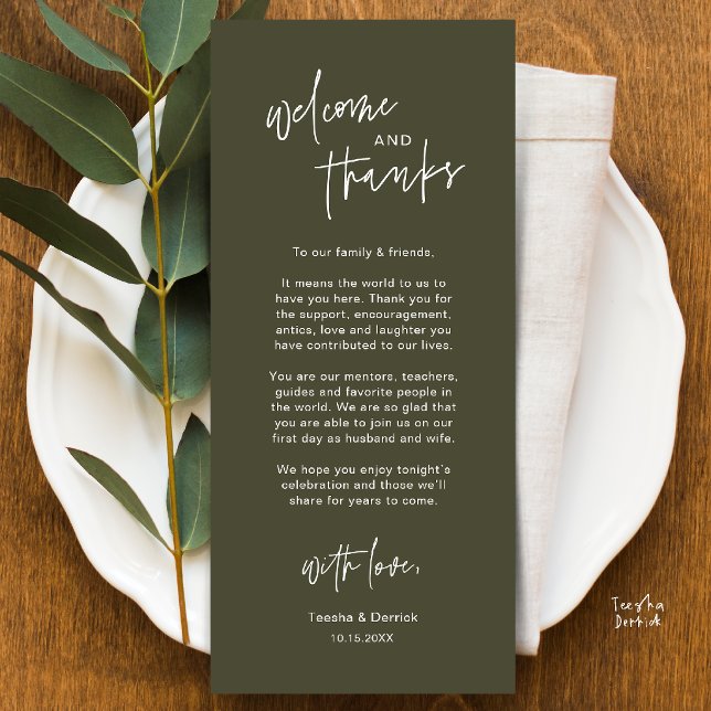 Personalisierte Hochzeitsplatz-Karten Dankeschön-K Programm (Personalised Wedding Dinner Place Setting Thank You Card in olive green)