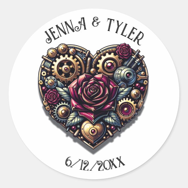 Personalisierte Hochzeitssandale Herz und Rose Runder Aufkleber (Vorderseite)