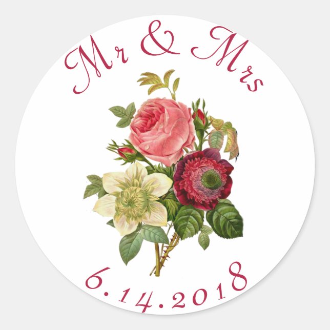 Personalisierte Hochzeitsticker-Rote Rosen Runder Aufkleber (Vorderseite)