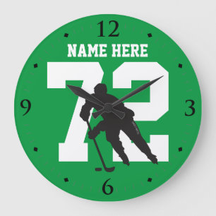 Personalisierte Hockey-Spieler-Namen-Zahl auf Grün Große Wanduhr