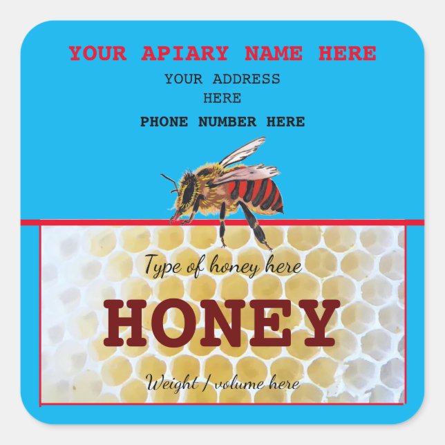 PERSONALISIERTE HONEY JAR ETIKETTEN. HOBBY BEEKEEP QUADRATISCHER AUFKLEBER (Vorderseite)