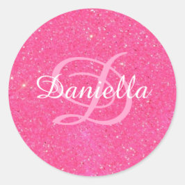 Personalisierte Hot-Pink-Imitate Glitzer Monogramm Runder Aufkleber