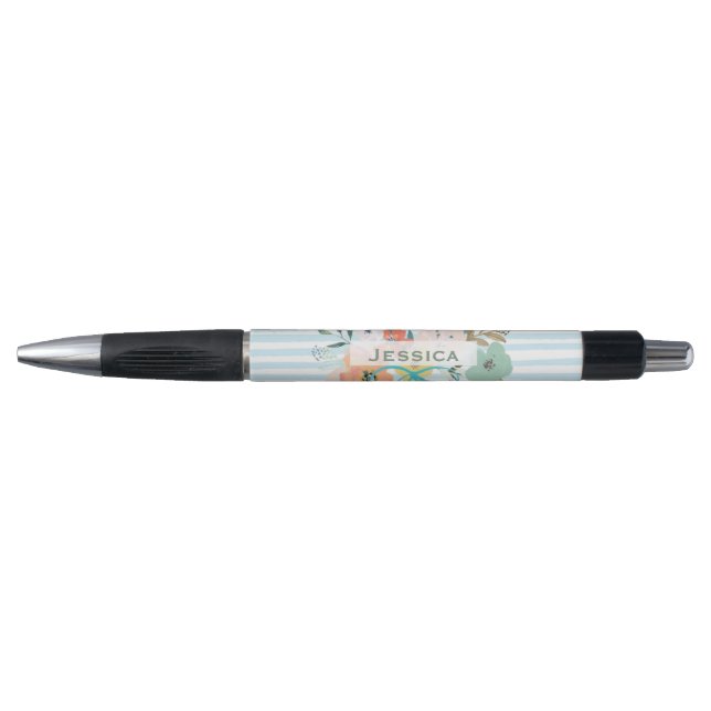 Personalisierte Hübsche Aquarellblumen und Streife Kugelschreiber (Vorderseite)