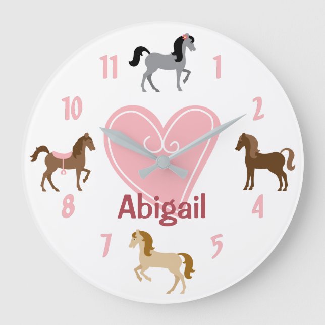 Personalisierte Hübsche Ponys und rosa Herzpferd Große Wanduhr (Vorderseite)