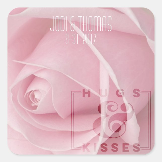 Personalisierte Hugs und Kisses Rose Hochzeitstick Quadratischer Aufkleber (Vorderseite)