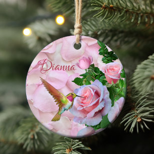 Personalisierte Hummingbird Rosen und Petalen Keramik Ornament