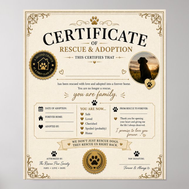 Personalisierte Hunde-Adoptionsurkunde als Geschen Poster (Vorne)