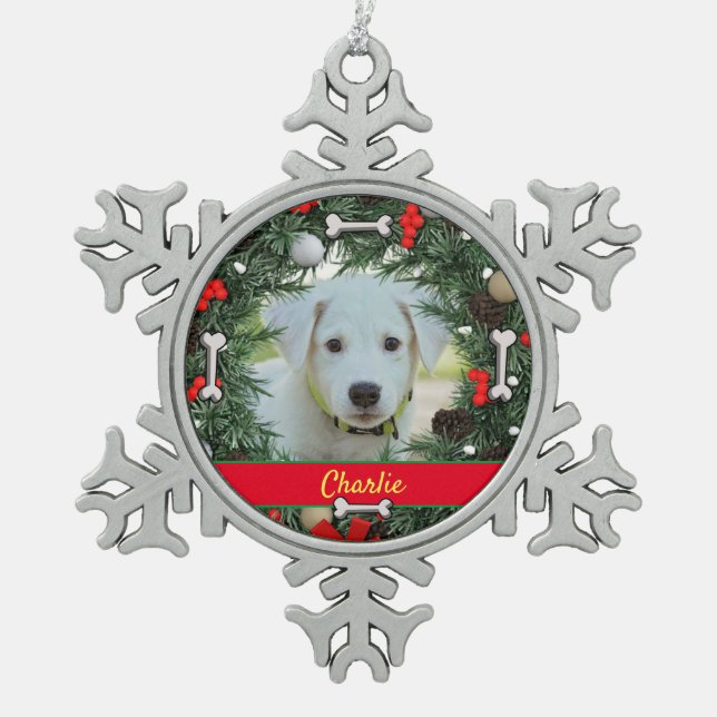 Personalisierte Hunde Weihnachten Schneeflocken Zinn-Ornament (Vorderseite)