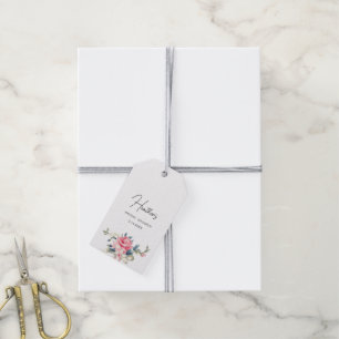 Personalisierte Hütte Rosa Rosen auf blauem Hinter Geschenkanhänger