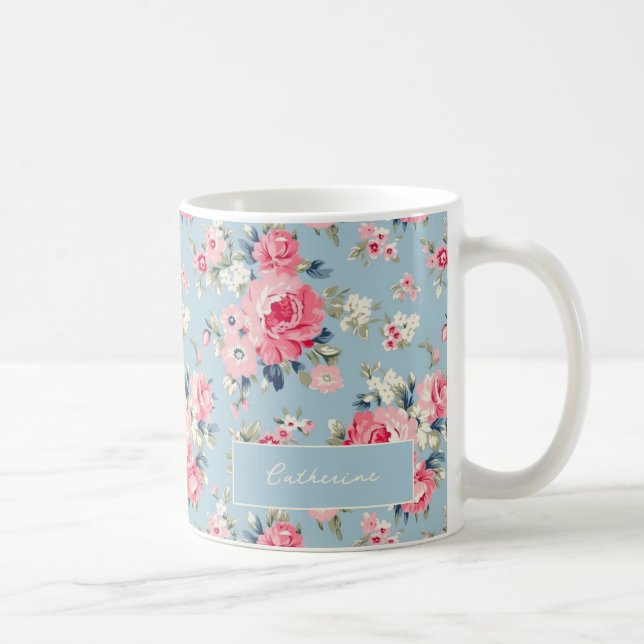 Personalisierte Hütte Rosa Rosen auf blauem Hinter Kaffeetasse (Rechts)