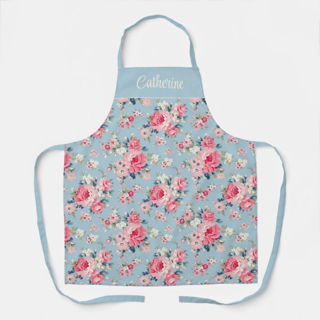 Personalisierte Hütte Rosa Rosen auf blauem Hinter Schürze (Vorderseite)