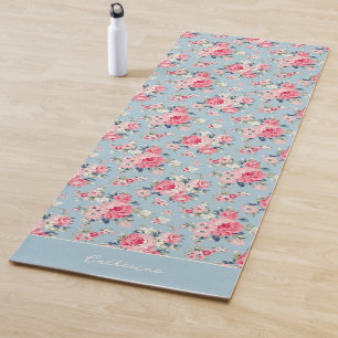 Personalisierte Hütte Rosa Rosen auf blauem Hinter Yogamatte