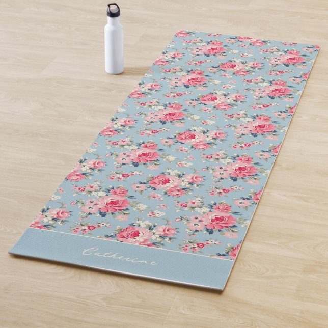 Personalisierte Hütte Rosa Rosen auf blauem Hinter Yogamatte (Beispiel)