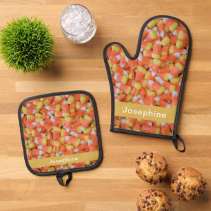 Personalisierte Imitate Candy Cornmuster Ofenhandschuh & Topflappen-Set