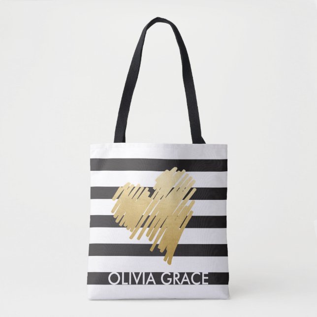 Personalisierte Imitate Gold Heart Black Striping Tasche (Vorderseite)