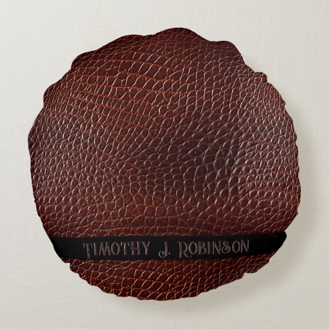 Personalisierte Imitate Leather Brown bestickt Rundes Kissen (Rückseite)
